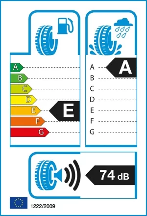 Efektywność energetyczna: E, Przyczepność: A, Hałas: 74