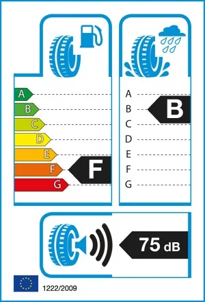 Efektywność energetyczna: F, Przyczepność: B, Hałas: 75